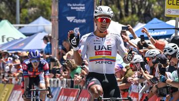 UAE Team Emirates XRG rider Jhonatan Narvaez from Ecuador reacts after winning stage 5 of the Tour Down Under cycling race in Adelaide on January 25, 2025. (Photo by Brenton Edwards / AFP)