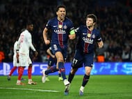 Soccer Football - UEFA Champions League - Play Off - Second Leg - Paris St Germain v AS Monaco - Parc des Princes, Paris, France - February 25, 2026 Paris St Germain's Marquinhos celebrates scoring their first goal with Joao Neves REUTERS/Sarah Meyssonnier TPX IMAGES OF THE DAY