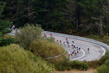 El pelotón durante la decimoquinta etapa de la Vuelta ciclista a España entre Vegadeo (Asturias) y Monforte de Lemos.