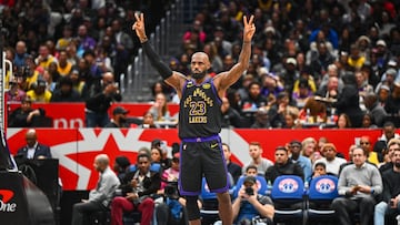 Los Angeles Lakers forward LeBron James (23) on the court against the Washington Wizards during the second half at Capital One Arena.