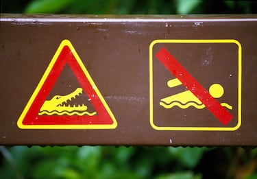 Cartel en la selva tropical de Daintree, Australia, que advierte a las personas sobre la presencia de cocodrilos en el agua y que está prohibido nadar. ¡Veamos quién se atreve a desafiar la prohibición!