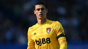 Bournemouth's Spanish goalkeeper #13 Kepa Arrizabalaga attends the English Premier League football match between Everton and Bournemouth at Goodison Park in Liverpool, north west England on August 31, 2024. (Photo by Paul ELLIS / AFP) / RESTRICTED TO EDITORIAL USE. No use with unauthorized audio, video, data, fixture lists, club/league logos or 'live' services. Online in-match use limited to 120 images. An additional 40 images may be used in extra time. No video emulation. Social media in-match use limited to 120 images. An additional 40 images may be used in extra time. No use in betting publications, games or single club/league/player publications. /