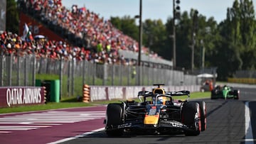 Red Bull Racing's Dutch driver Max Verstappen drives in the pit lane during the qualifying session ahead of the Italian Formula One Grand Prix at the Autodromo Nazionale Monza circuit, in Monza, northern Italy, on September 6, 2025. (Photo by Marco BERTORELLO / POOL / AFP)