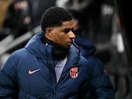 Barcelona's English forward #14 Marcus Rashford looks on before the UEFA Champion's League, round of 16 football match between Newcastle United and FC Barcelona at St James' Park in Newcastle-upon-Tyne, north east England on March 10, 2026. (Photo by Paul ELLIS / AFP)