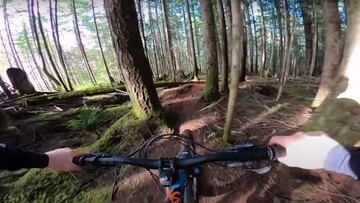 Mark Matthews - Best MTB GoPro Line 2020 Contest con Pinkbike. Se ve el manillar y unos &aacute;rboles delante yendo por un sendero en la monta&ntilde;a. 