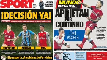 Portadas de 'sport' y 'Mundo Deportivo' del miércoles, 13 de diciembre de 2017.