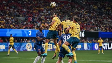 Club America's Mexican defender #14 Nestor Araujo heads the ball on towards Chelsea�s goal during an FC Series pre-season club friendly football match between Chelsea FC and Club America at Mercedes-Benz Stadium in Atlanta, Georgia, on July 31, 2024. (Photo by Elijah Nouvelage / AFP)