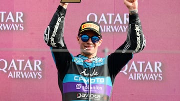 LAGOA, ALGARVE, PORTUGAL - NOVEMBER 09: David Alonso of Colombia rides the CFMOTO Inde Aspar Team Moto2 bike (80) finishes third during the MotoGP of Portugal Moto2 race at Autodromo do Algarve on November 09, 2025 in Lagoa, Algarve, Portugal. (Photo by Gold & Goose Photography/Getty Images)