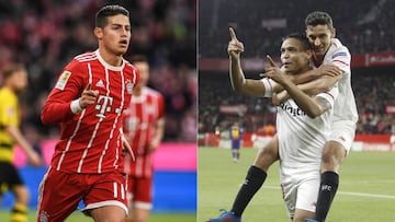 James Rodr&iacute;guez y Luis Muriel celebrando los goles con el Bayern M&uacute;nich y Sevilla