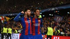 BARCELONA, SPAIN - MARCH 08: Lionel Messi (L) and Neymar of Barcelona celebrate their side&#039;s sixth goal during the UEFA Champions League Round of 16 second leg match between FC Barcelona and Paris Saint-Germain at Camp Nou on March 8, 2017 in Barcelo