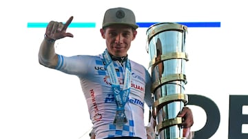 Colombia's Miguel Angel Lopez celebrates at the podium of the Vuelta a San Juan 2023, in San Juan, Argentina, on January 29, 2023. (Photo by Andres Larrovere / AFP)