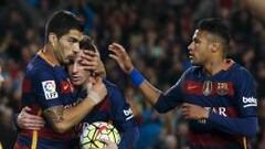 Football Soccer - Barcelona v Sporting Gijon - Spanish Liga BBVA - Camp Nou stadium, Barcelona - 23/4/16Barcelona&#039;s Luis Suarez, Lionel Messi and Neymar celebrate a goal against Sporting Gijon.  REUTERS/Albert Gea