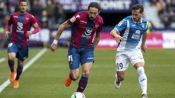 JOSE LUIS MORALES (L) and Pablo Piatti of RCD Espa–ol during spanish La Liga match between Levante UD vs RCD Espanyol at Ciutat de Valencia Stadium on March 04, 2018.