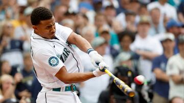 Jul 10, 2023; Seattle, Washington, USA; Seattle Mariners center fielder Julio Rodriguez (44) during the All-Star Home Run Derby at T-Mobile Park.  Mandatory Credit: Joe Nicholson-USA TODAY Sports