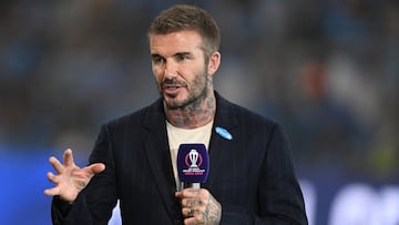 Former English football player David Beckham speaks during innings break of the 2023 ICC Men's Cricket World Cup one-day international (ODI) first semi-final match between India and New Zealand at the Wankhede Stadium in Mumbai on November 15, 2023. (Photo by INDRANIL MUKHERJEE / AFP) / -- IMAGE RESTRICTED TO EDITORIAL USE - STRICTLY NO COMMERCIAL USE --