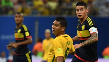 Casemiro y James durante el Brasil-Colombia de las eliminatorias sudamericanas de clasificación para el Mundial 2018.