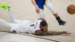 May 18, 2019; Portland, OR, USA; Golden State Warriors guard Stephen Curry (30) leaps over Portland Trail Blazers guard Damian Lillard (0) during the first half in game three of the Western conference finals of the 2019 NBA Playoffs at Moda Center. Mandatory Credit: Troy Wayrynen-USA TODAY Sports
