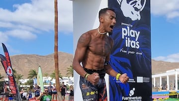 Azmand Mesand cruzando la meta en las instalaciones de Playitas Resort el 6 de mayo del 2023 durante la celebraci&oacute;n de la Fuerteventura Bestial Race.
