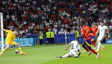 1-0. Lamine Yamal abre al costado izquierdo del área inglesa y conecta con el delantero del Athletic Club que dispara raso, cruzado, al palo largo, superando a Jordan Pickford.