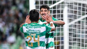   Jesus Ocejo and Diego Medina of Santos during the 8th round match between Santos and Mazatlan FC as part of the Torneo Clausura 2024 Liga BBVA MX at TSM Corona Stadium on February 25, 2024 in Torreon, Coahuila, Mexico.