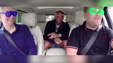 Tim Cook, James Corden y Pharrel Williams en Carpool Karaoke. Im&aacute;gen: YouTube