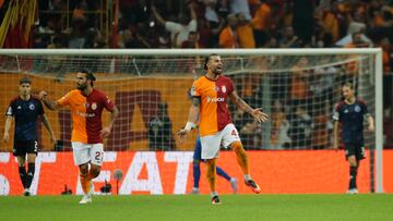 Soccer Football - Champions League - Group A - Galatasaray v FC Copenhagen - Rams Park, Istanbul, Turkey - September 20, 2023 Galatasaray's Abdulkerim Bardakci celebrates a goal REUTERS/Dilara Senkaya