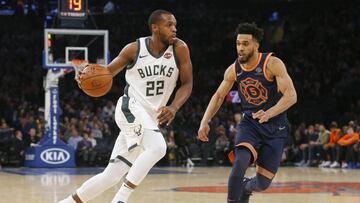 Apr 7, 2018; New York, NY, USA; Milwaukee Bucks forward Khris Middleton (22) drives to the basket against New York Knicks guard Courtney Lee (5) during first half at Madison Square Garden. Mandatory Credit: Noah K. Murray-USA TODAY Sports