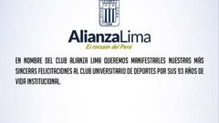 Bonito gesto: Alianza felicita a la 'U' por su 93º aniversario