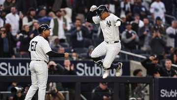 NEW YORK, NEW YORK - APRIL 08: Juan Soto #22 of the New York Yankees reacts after hitting a three-run home run during the fourth inning of the game against the Miami Marlins at Yankee Stadium on April 08, 2024 in in the Bronx borough of New York City.   Dustin Satloff/Getty Images/AFP (Photo by Dustin Satloff / GETTY IMAGES NORTH AMERICA / Getty Images via AFP)