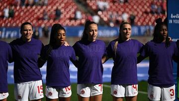 Members of the Canadian womens national soccer team wear "Enough Is Enough" shirts in protest for equal pay ahead of the 2023 SheBelieves Cup soccer match between Canada and Japan at Toyota Stadium in Frisco, Texas, on February 22, 2023. (Photo by Patrick T. Fallon / AFP) (Photo by PATRICK T. FALLON/AFP via Getty Images)