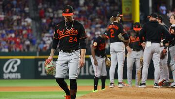 ARLINGTON, TEXAS - OCTOBER 10: DL Hall #24 of the Baltimore Orioles is removed from the game against the Texas Rangers during the eighth inning in Game Three of the Division Series at Globe Life Field on October 10, 2023 in Arlington, Texas.   Richard Rodriguez/Getty Images/AFP (Photo by Richard Rodriguez / GETTY IMAGES NORTH AMERICA / Getty Images via AFP)