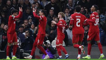 Los jugadores del Liverpool celebran el gol anotado por Luis Díaz en la vuelta de semifinales de Carabao Cup ante el Fulham.