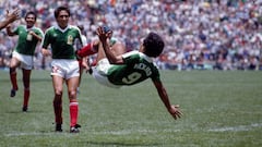 Hugo Sanchez (Mexico) celebrates scoring a goal during a first round match of the 1986 FIFA World Cup against Belgium. Mexico won 2-1. Sanchez is considered to be the greatest Mexican soccer player in history.  (Photo by Jean-Yves Ruszniewski/TempSport/Corbis/VCG via Getty Images)