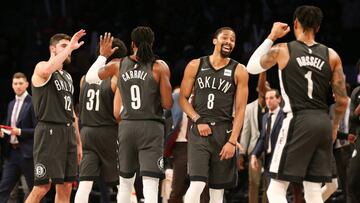 Jan 23, 2019; Brooklyn, NY, USA; The Brooklyn Nets react after defeating the Orlando Magic at Barclays Center. Mandatory Credit: Andy Marlin-USA TODAY Sports