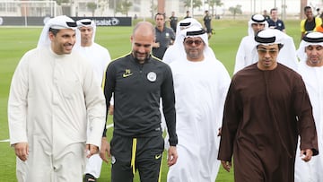 Sheikh Mansour, Khaldoon Al Mubarak y Pep Guardiola