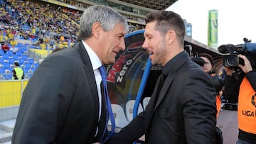 Saludo entre Setién y Simeone en un Las Palmás-Atlético de 2016.