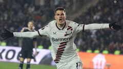 Bayer Leverkusen's Czech forward #14 Patrik Schick celebrates scoring his team's second goal during the UEFA Europa League round of 16 first leg football match between Qarabag FK and Bayer 04 Leverkusen at Tofiq Bahramov Republican Stadium in Baku on March 7, 2024. (Photo by Giorgi ARJEVANIDZE / AFP)