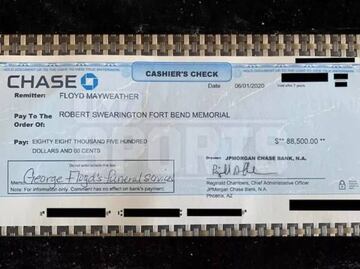 Luego de que se diera a conocer que Mayweather se había ofrecido a pagar el funeral de George Floyd, este martes se filtró el cheque que el expugilista envió.