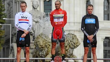 Geox TMC rider Juan Jose Cobo (C) of Spain celebrates on the podium after winning the Tour of Spain "La Vuelta" cycling race after the last stage between Circuito del Jarama-Race and Madrid, September 11, 2011. Sky Procycling Christopher Froome (R) of Britain placed second and Sky Procycling Bradley Wiggins of Britain placed third. REUTERS/Felix Ordonez (SPAIN - Tags: SPORT CYCLING)