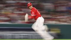 ANAHEIM, CALIFORNIA - AUGUST 08: Shohei Ohtani #17 of the Los Angeles Angels looks back as he runs to third base against the San Francisco Giants during the ninth inning of a game at Angel Stadium of Anaheim on August 08, 2023 in Anaheim, California.   Michael Owens/Getty Images/AFP (Photo by Michael Owens / GETTY IMAGES NORTH AMERICA / Getty Images via AFP)