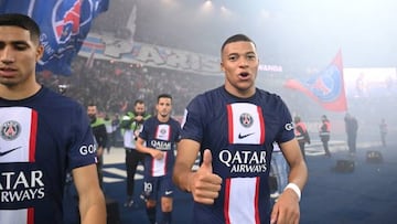 Paris Saint-Germain's French forward Kylian Mbappe gives a thumb up at the end of the French L1 football match between Paris Saint-Germain (PSG) and Olympique de Marseille (OM) at the Parc des Princes Stadium in Paris, on October 16, 2022. (Photo by FRANCK FIFE / AFP) (Photo by FRANCK FIFE/AFP via Getty Images)