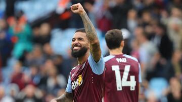 Aston Villa's Brazilian midfielder #06 Douglas Luiz celebrates scoring his team's sixth goal during the English Premier League football match between Aston Villa and Brighton and Hove Albion at Villa Park in Birmingham, central England on September 30, 2023. (Photo by Geoff Caddick / AFP) / RESTRICTED TO EDITORIAL USE. No use with unauthorized audio, video, data, fixture lists, club/league logos or 'live' services. Online in-match use limited to 120 images. An additional 40 images may be used in extra time. No video emulation. Social media in-match use limited to 120 images. An additional 40 images may be used in extra time. No use in betting publications, games or single club/league/player publications. /