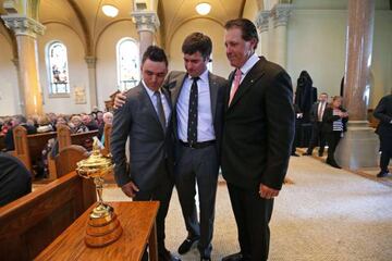 Ricky Fowler, Bubba Watson and Phil Mickelson brought the Ryder Cup to Arnold Palmer's memorial service at Saint Vincent College, Latrobe, Pennsylvania.