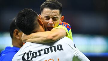 Luis Malagon and Alvaro Fidalgo of America during the Quarterfinals second leg match between America and Pachuca as part of the Torneo Clausura 2024 Liga BBVA MX at Azteca Stadium on May 11, 2024 in Mexico City, Mexico.