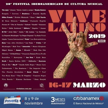 Cartel completo del Vive Latino 2019 que se llevará a cabo el próximo 16 y 17 de marzo.