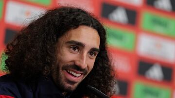 Spain's defender #24 Marc Cucurella addresses a press conference at the team's base camp in Donaueschingen, on July 7, 2024, during the UEFA Euro 2024 football championship. (Photo by LLUIS GENE / AFP)