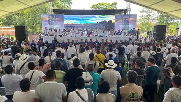 People participate in the installation of the peace dialogues between the FARC guerrilla dissidents calling themselves the Central General Staff (EMC) and the Colombian government, in Tibu, Colombia October 8, 2023. REUTERS/Camilo Cohecha