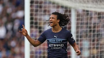 LEEDS, ENGLAND - APRIL 30: Nathan Ake of Manchester City celebrates after scoring a goal to make it 0-2 during the Premier League match between Leeds United and Manchester City at Elland Road on April 30, 2022 in Leeds, United Kingdom. (Photo by Matthew Ashton - AMA/Getty Images)