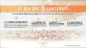 El calendario de actividades del Valencia para el Día del Centenario.