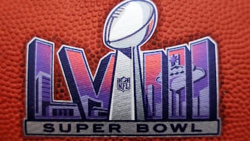 LAS VEGAS, NEVADA - FEBRUARY 06: A general view of official logo footballs displayed in the NFL Super Bowl Experience ahead of Super Bowl LVIII on February 06, 2024 in Las Vegas, Nevada.   Jamie Squire/Getty Images/AFP (Photo by JAMIE SQUIRE / GETTY IMAGES NORTH AMERICA / Getty Images via AFP)